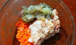 蝦仁去除蝦線后，切成丁，胡蘿蔔用清水沖洗乾淨切丁，肉茸處理乾淨，放入容器中；